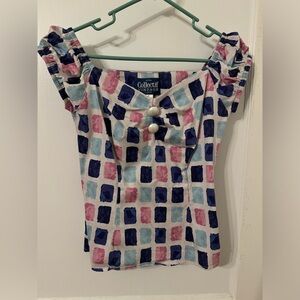 Collectif Dolores Paint Swatch Print Sweetheart Top in UK 12, Pink Blue White